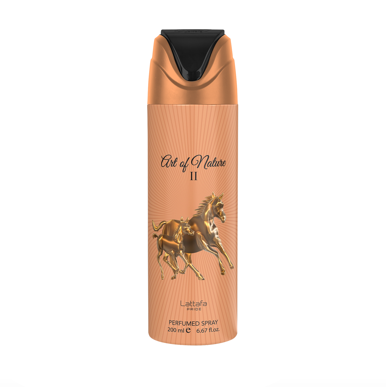 Photographie professionnelle du flacon de déodorant Lattafa Pride Art of Nature II (200ml), mettant en valeur son design élégant et la marque haut de gamme et élégante de la collection Lattafa Pride sur un fond propre et moderne.