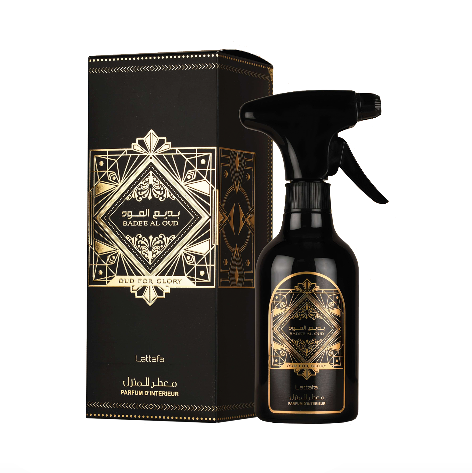 Une photographie professionnelle du produit Lattafa Badee Al Oud, flacon vaporisateur de 450 ml, présenté à côté de son élégant emballage d'origine, mettant en valeur le design premium et sophistiqué de la collection de parfums.