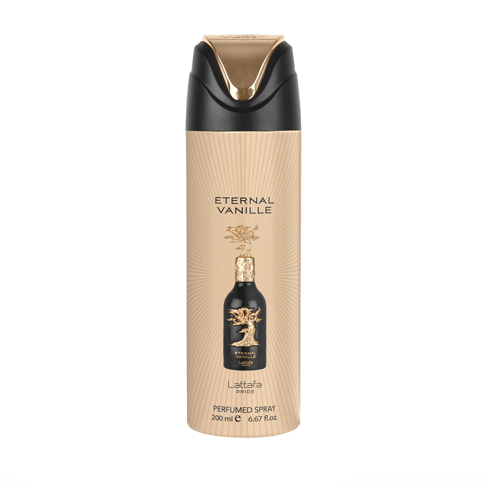 Photographie professionnelle du flacon de déodorant Lattafa Pride Eternal Vanille (200ml), mettant en valeur son design épuré et la marque premium et élégante de la collection Lattafa Pride sur un fond propre et moderne.