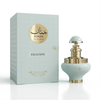 Une prise de vue en studio du flacon vert pâle avec des accents dorés de Juman Exclusive 100ml, présenté à côté de sa boîte cadeau à motifs assortis.