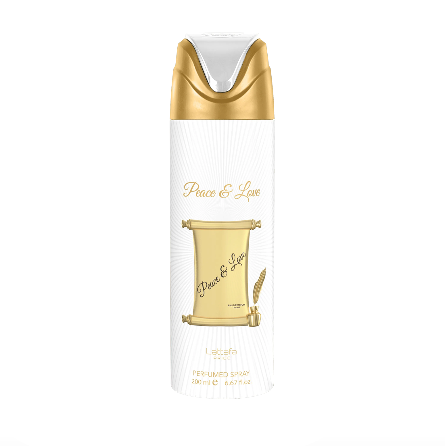 Image de produit de haute qualité, en gros plan, du flacon de déodorant Lattafa Peace and Love, mettant en valeur le design esthétique du flacon sur un fond éthéré à la mise au point douce, afin de souligner sa nature romantique et délicate.