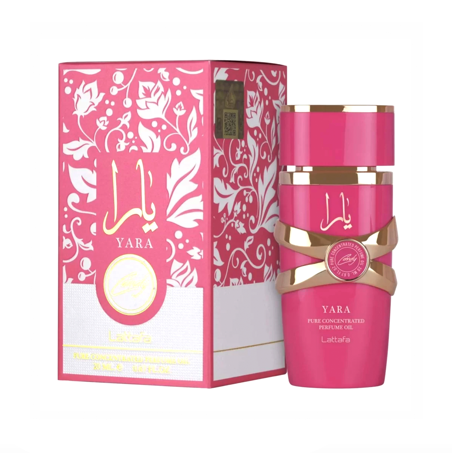 Une photo de produit élégante présentant le flacon d'huile de parfum Lattafa Yara Candy et son emballage de luxe assorti, soulignant le design ludique et élégant de ce parfum tendance.